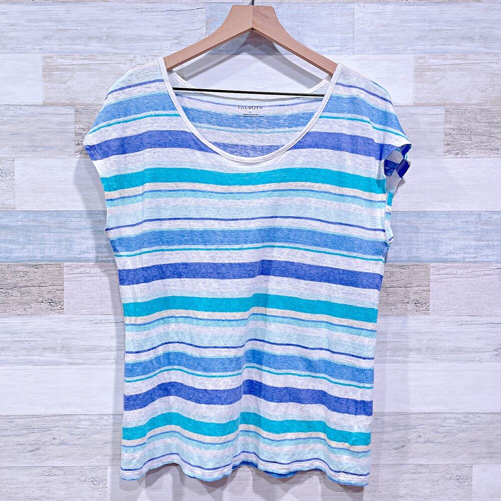 Talbots 100% Linen Slub Knit Tee White Blue Stripe Cap Sleeve Womens Large